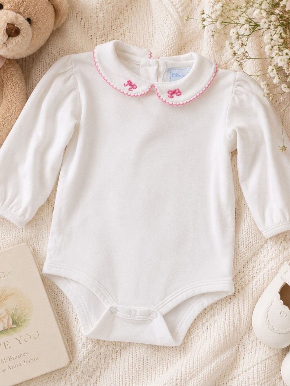 Little English White Peter Pan Collar Bodysuit Pink Embroidered Bows 9M